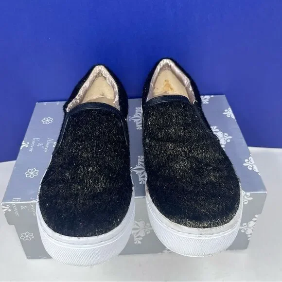 Luichiny Vay Kay Faux Fur Black & Gold Slip-on Loafers Black Trim White Sole 8.5 - Picture 6 of 13